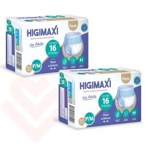 Kit Calça Geriátrica Descartável Higimaxi, tamanho P/M - 2 pacotes com 16 unidades