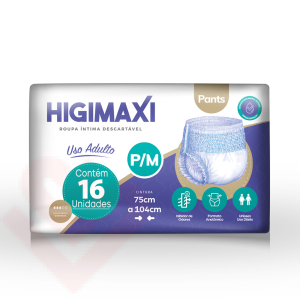 Kit Calça Geriátrica Descartável Higimaxi, tamanho P/M - 2 pacotes com 16 unidades