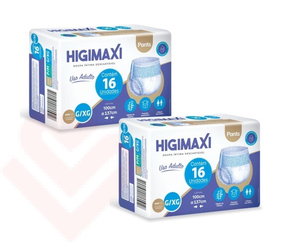 Kit Calça Geriátrica Descartável Higimaxi, tamanho G/XG - 2 pacotes com 16 unidades