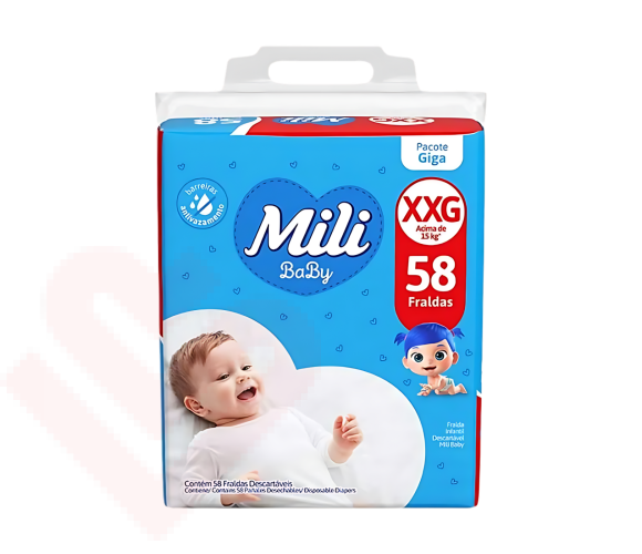 Fralda Infantil Mili Baby Ultra Seca Giga, tamanho XXG com 58 unidades